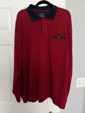Annex Men's Long-Sleeve Polo Shirt in Burgundy with Navy Trim
